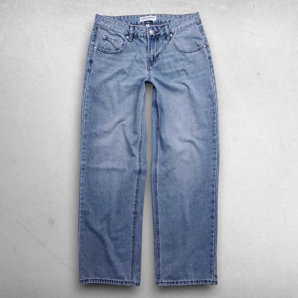 Ashley Mason Premium Wide Leg Jeans Faded Light‎ Distressed Women 7/28 Lt Blue